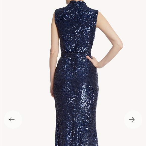 NWT Badgley Mischka Mock Neck Sapphire Sequined Gown with Belt - Picture 2 of 6